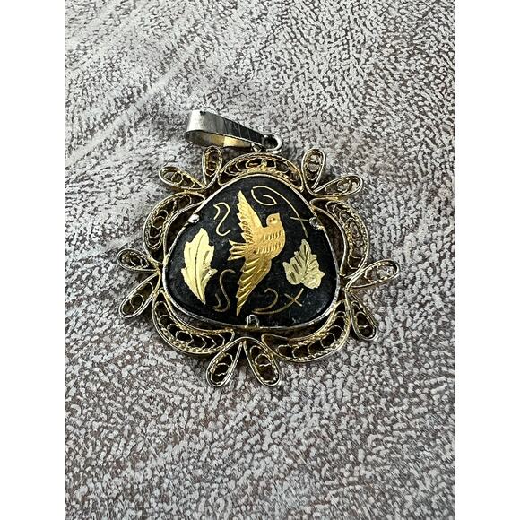 Vintage Spanish Damascus Gold Tone Pendant Bird Totem Filigree Triangle